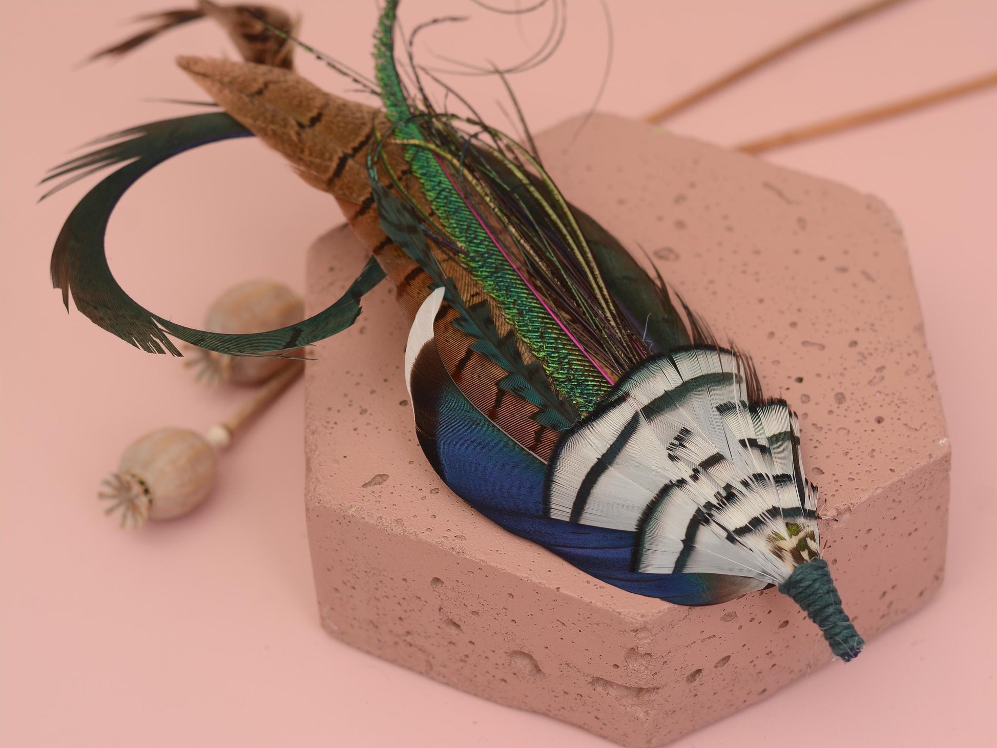 Green, Blue and White Luxury Feather Hat Pin / Lapel Pin Small No.328 | Unique Pheasant Feather Boutonniere | Pheasant Feather Brooch