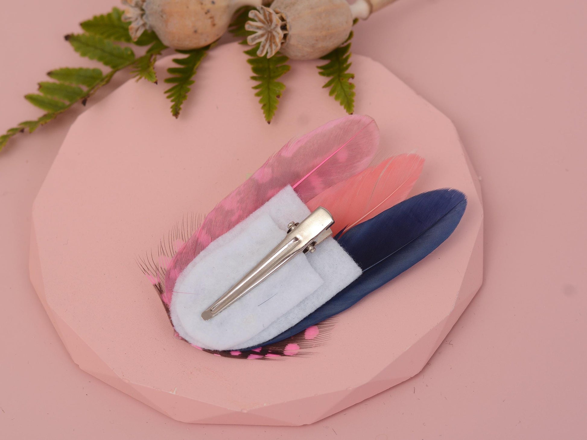 Small Feather Hair Clip in Navy and Pink