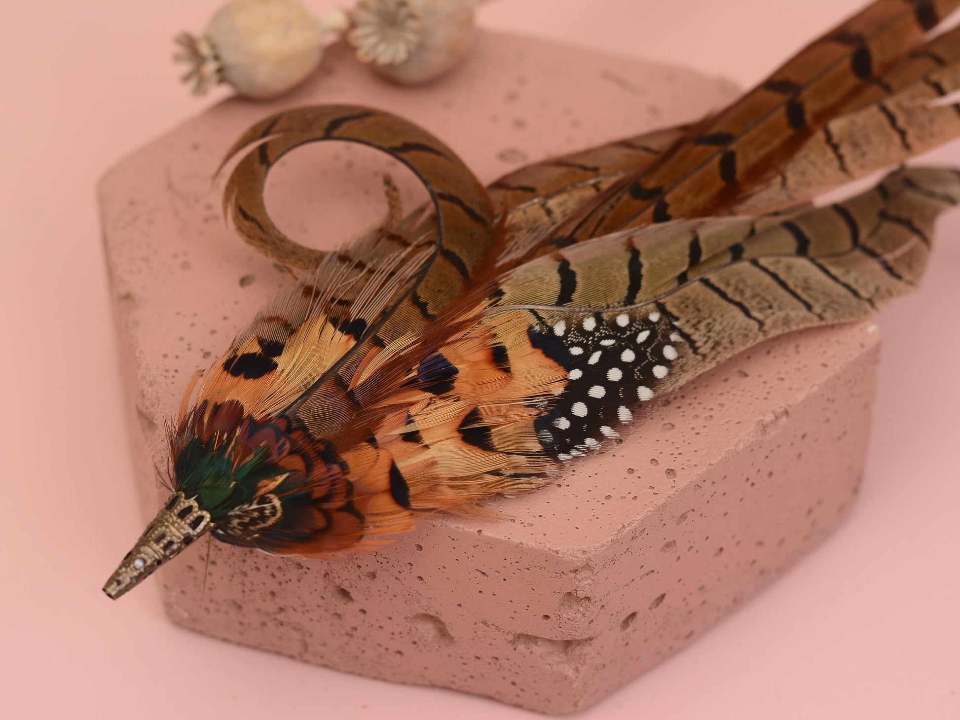 Luxury Pheasant Feather Hat Pin No.327 | Unique Pheasant Feather Boutonniere | Pheasant Feather Brooch