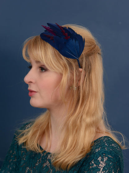 Navy Blue and Burgundy Feather Fascinator Headband No.003 | Blue Feather Headband | Blue Feather Headpiece