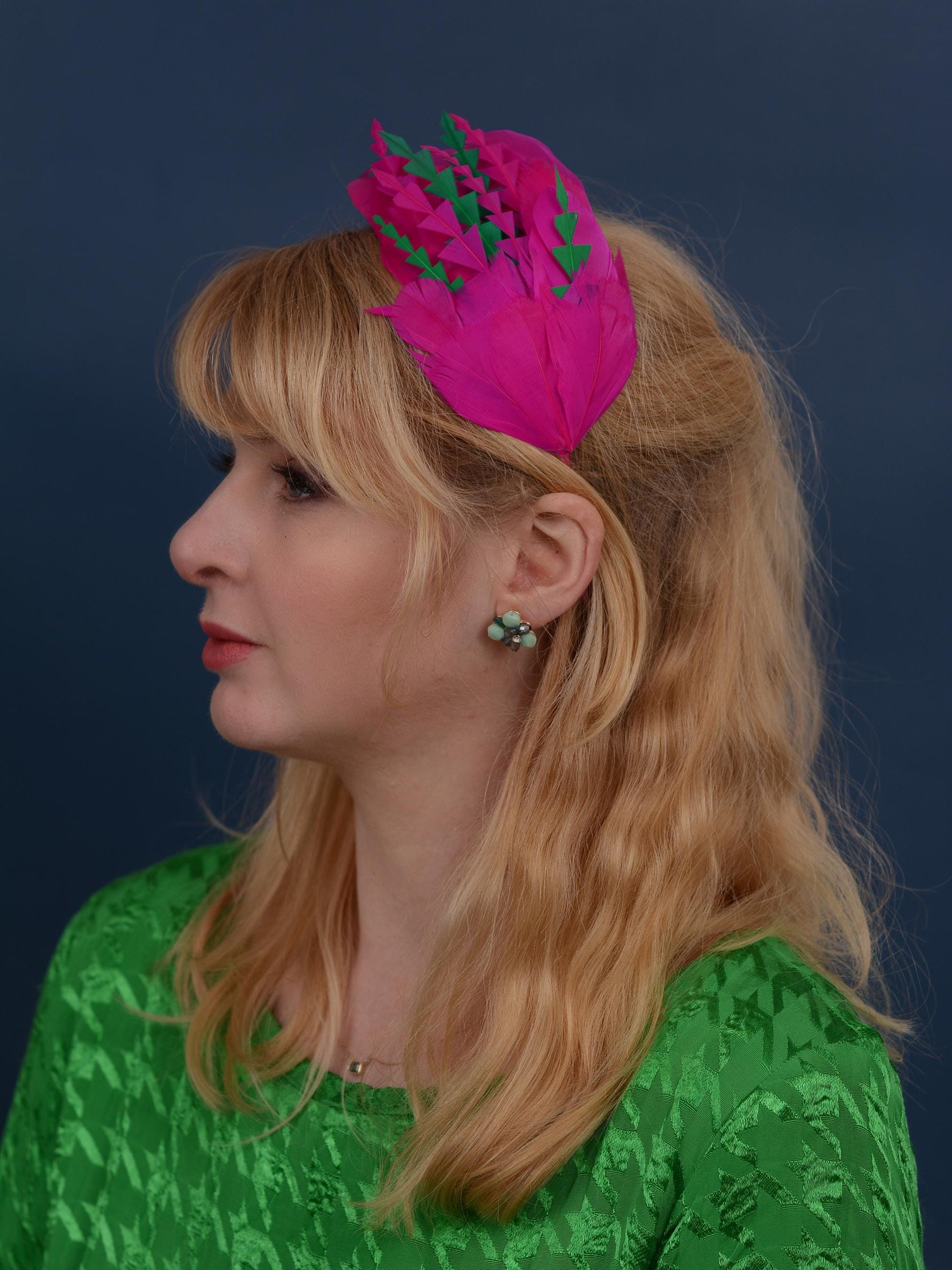 Pink and Green Feather Fascinator Headband No.005 | Pink Feather Headband | Pink Feather Headpiece