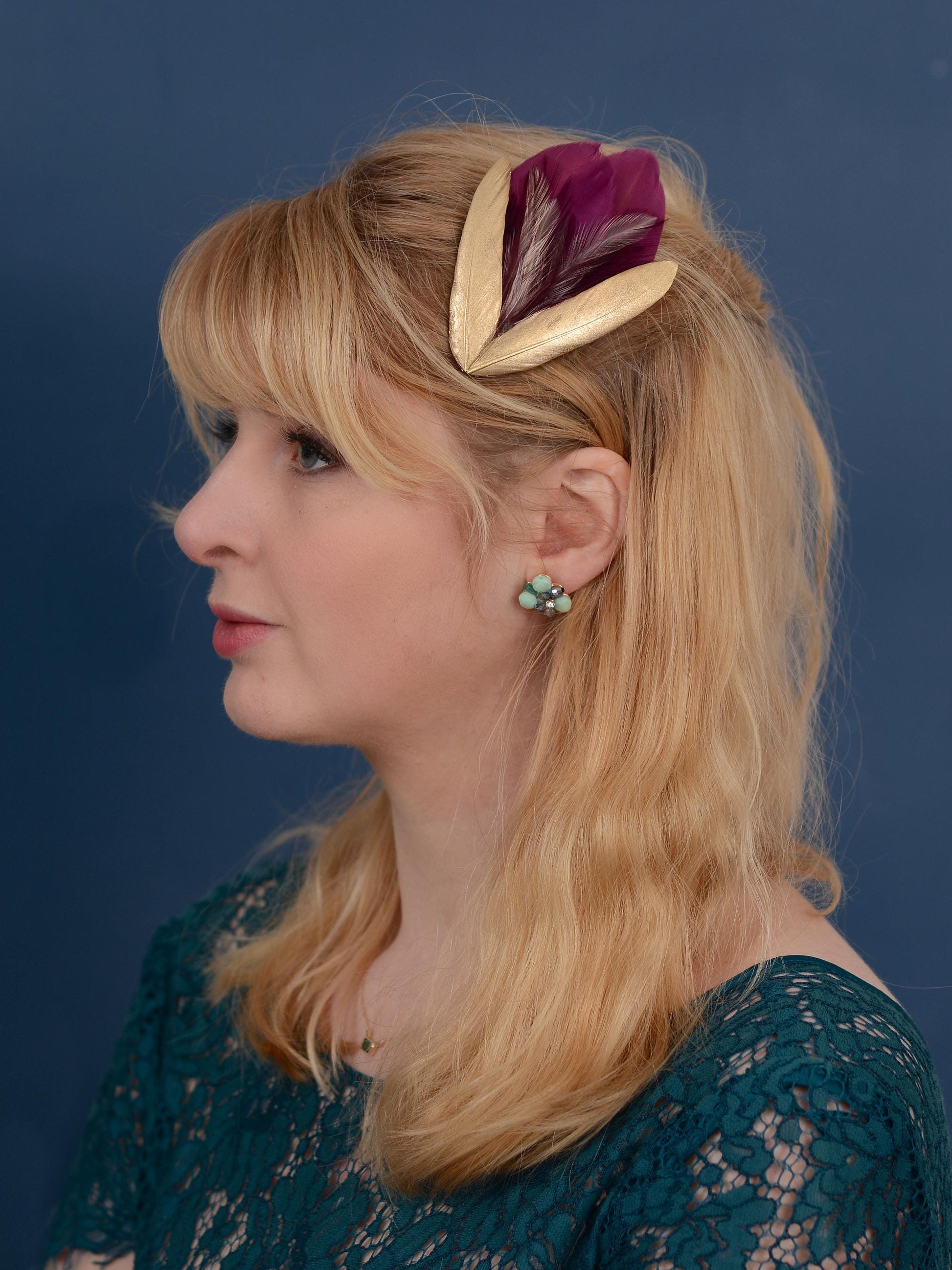 Feather Hair Clip Plum, Gold and Blush | Feather Fascinator | Feather Headpiece | Bridal Hair Clip | Bridal Headpiece | Bridesmaids