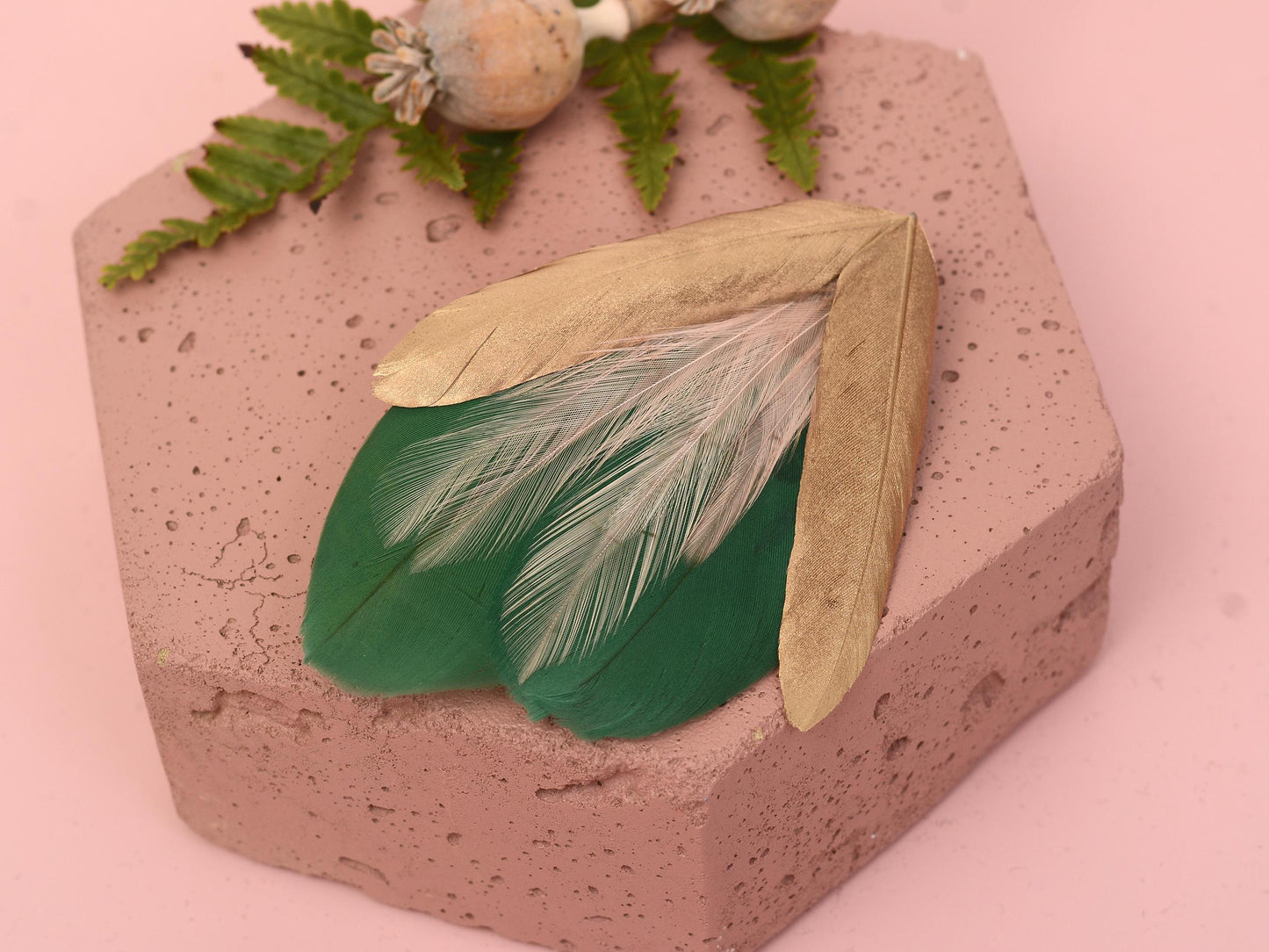 Feather Hair Clip in Green, Pink and Gold | Feather Fascinator | Feather Headpiece | Bridal Hair Clip | Bridal Headpiece | Bridesmaids