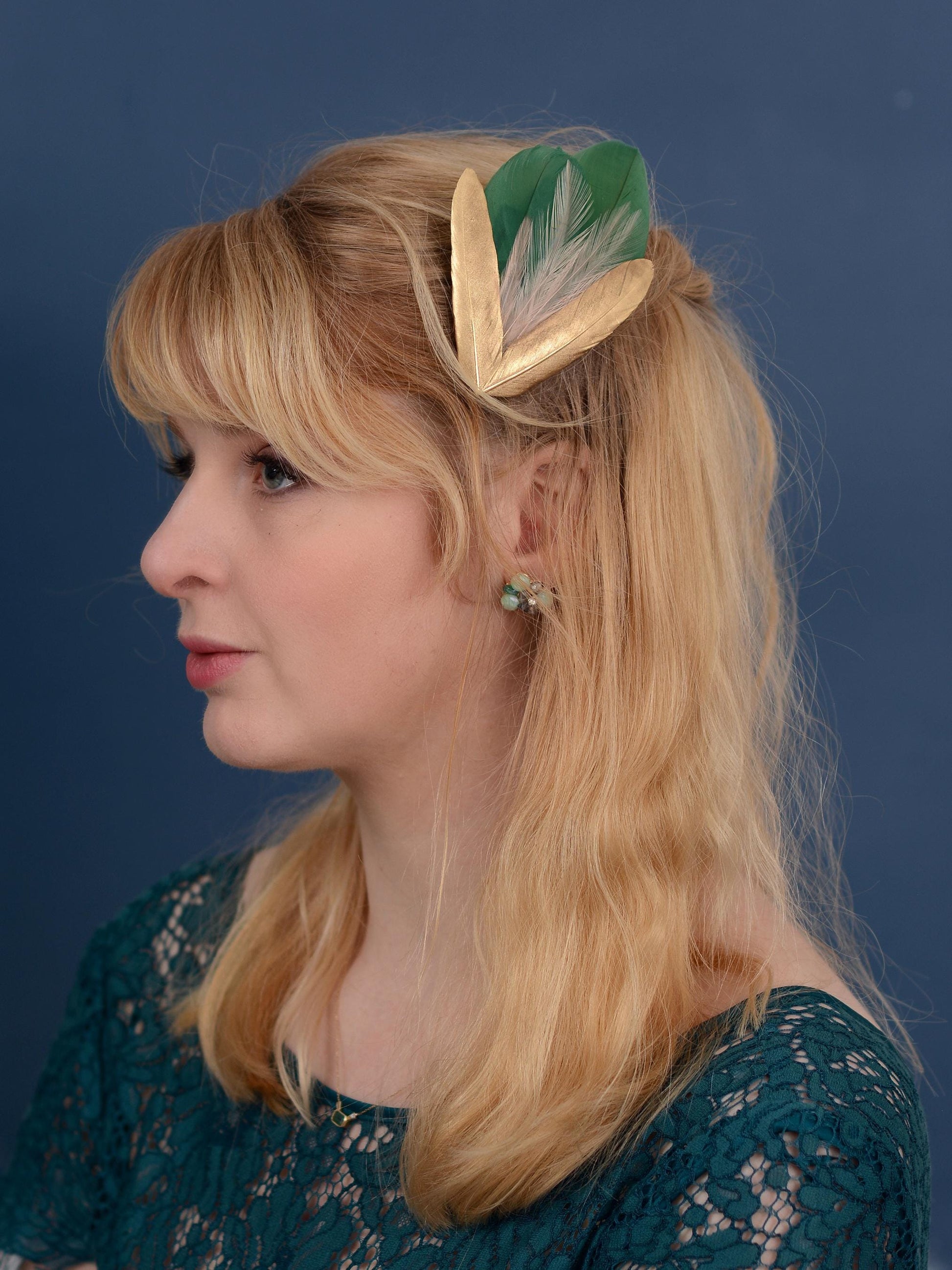Feather Hair Clip in Green, Pink and Gold | Feather Fascinator | Feather Headpiece | Bridal Hair Clip | Bridal Headpiece | Bridesmaids