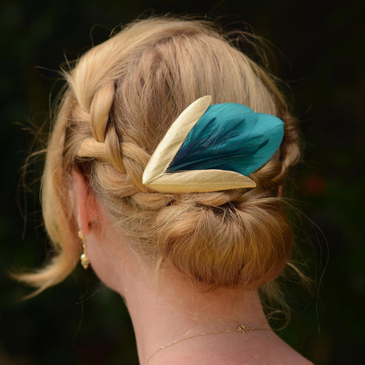 Feather Hair Clip in Teal Green and Gold | Feather Fascinator | Feather Headpiece | Bridal Hair Clip | Bridal Headpiece | Bridesmaids