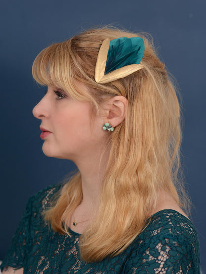 Feather Hair Clip in Teal Green and Gold | Feather Fascinator | Feather Headpiece | Bridal Hair Clip | Bridal Headpiece | Bridesmaids