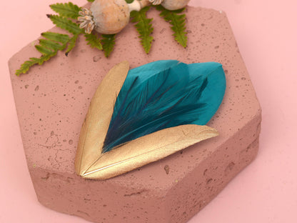 Feather Hair Clip in Teal Green and Gold | Feather Fascinator | Feather Headpiece | Bridal Hair Clip | Bridal Headpiece | Bridesmaids