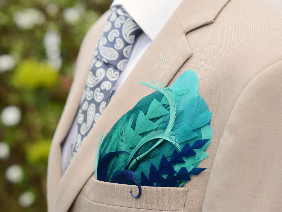 Turquoise, Green and Blue Feather Pocket Square No.247 Suit Accessory