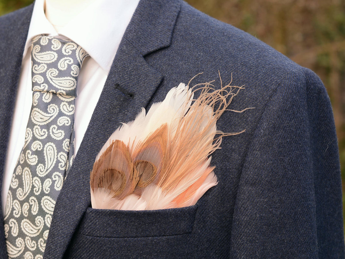 Ivory and Blush Pink Feather Pocket Square No.144 | Suit Accessory | Feather Neck Tie | Grooms Outfit | Groomsmen Gift | Wedding