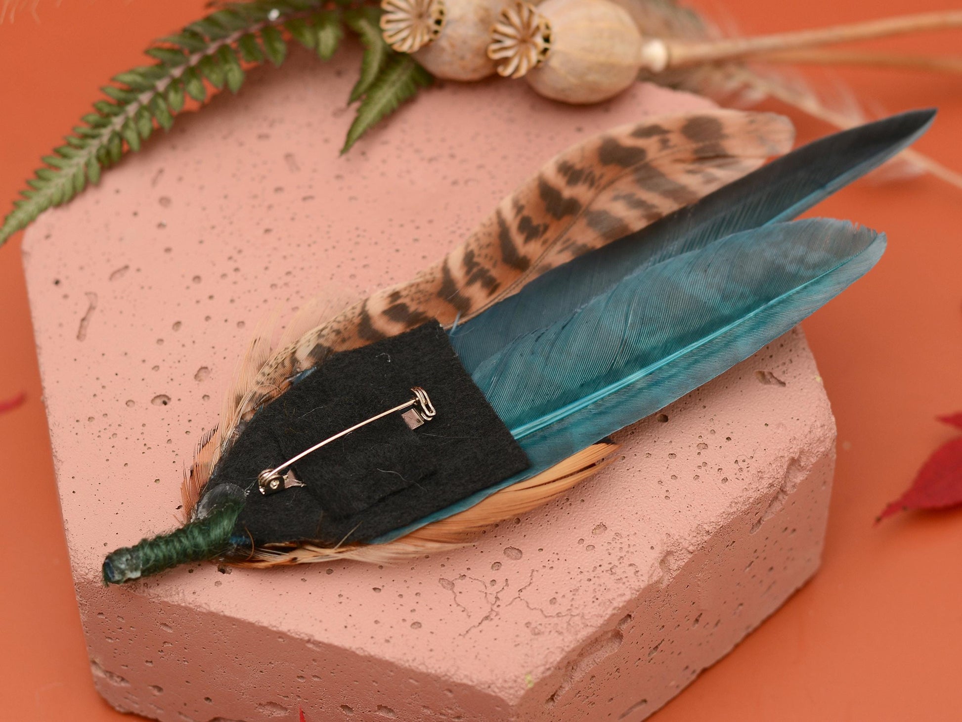 Large Green and Copper Pheasant Feather Boutonniere No.281 | Unique Pheasant Feather Hat Pin