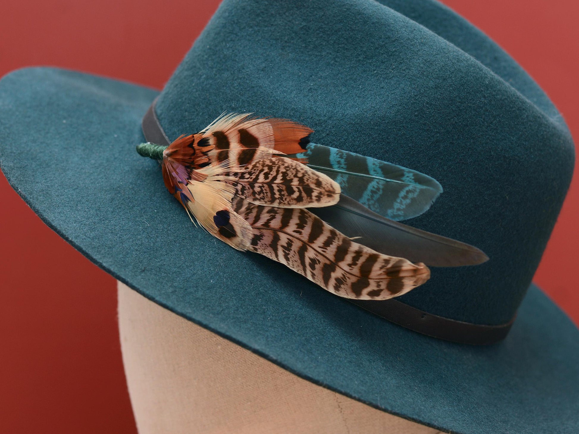 Large Green and Copper Pheasant Feather Boutonniere No.281 | Unique Pheasant Feather Hat Pin