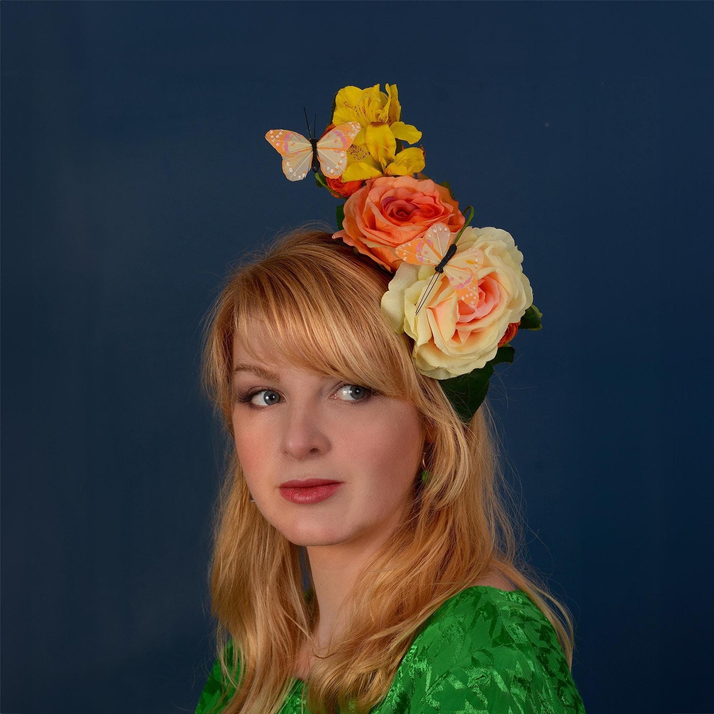 Sculptural Roses and Butterflies Headpiece in Yellow and Orange | Flower Crown | Flower Headband | Wedding Headpiece | Races Headpiece