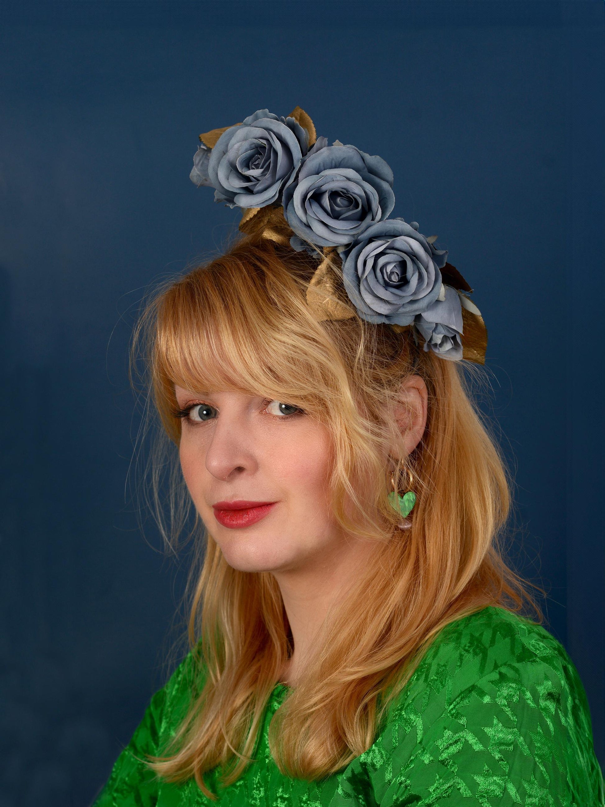 Flower Headpiece in Floating Blue and Gold Roses | Flower Headband | Bridal Headpiece | Wedding Headpiece | Races Headpiece