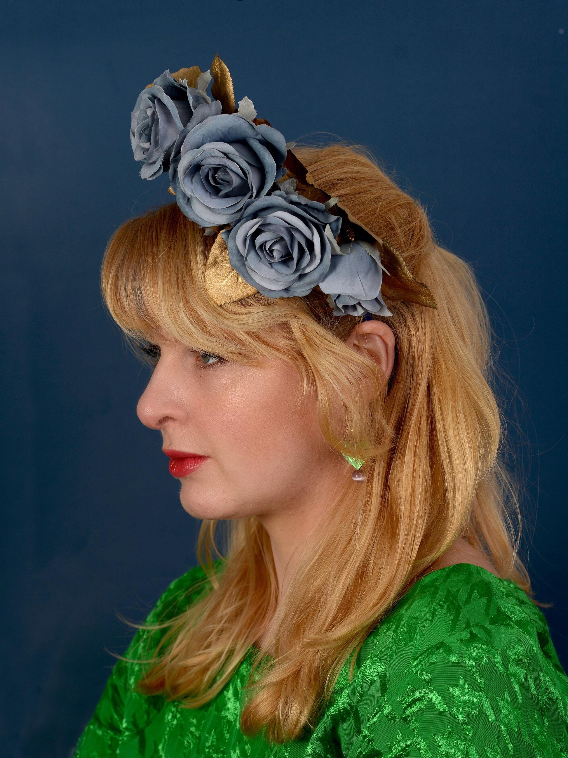 Flower Headpiece in Floating Blue and Gold Roses | Flower Headband | Bridal Headpiece | Wedding Headpiece | Races Headpiece