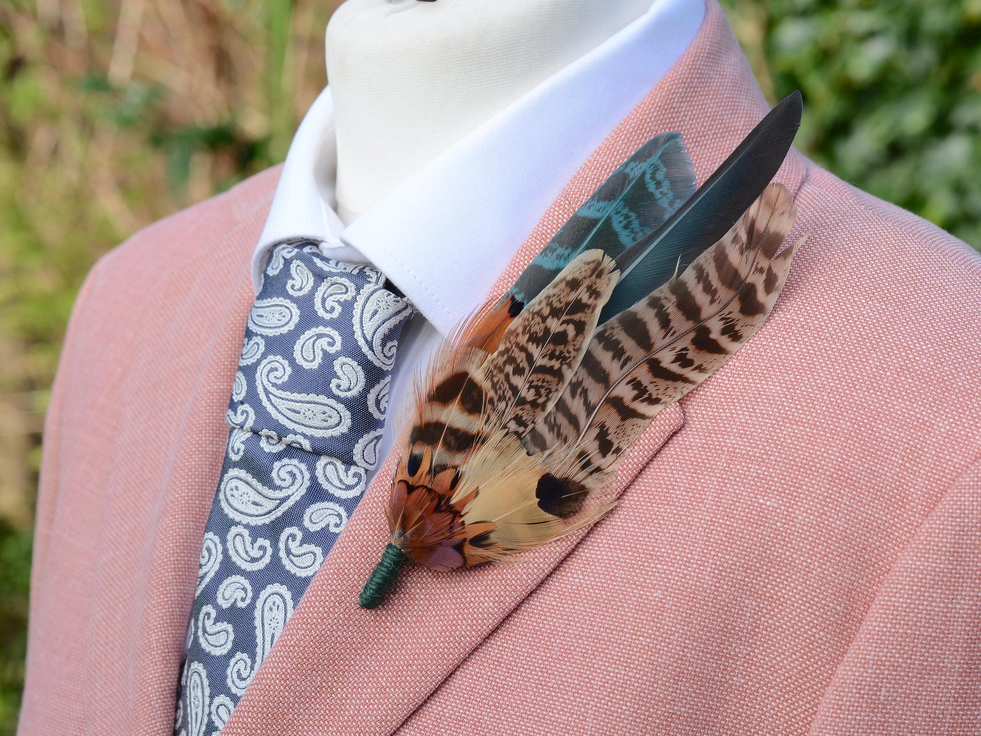 Large Green and Copper Pheasant Feather Boutonniere No.281 | Unique Pheasant Feather Hat Pin