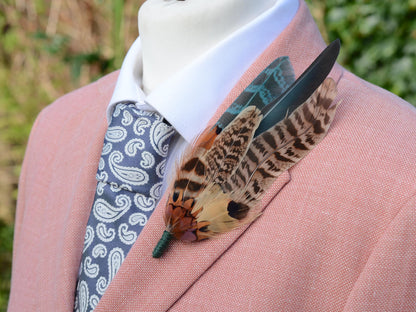Large Green and Copper Pheasant Feather Boutonniere No.281 | Unique Pheasant Feather Hat Pin