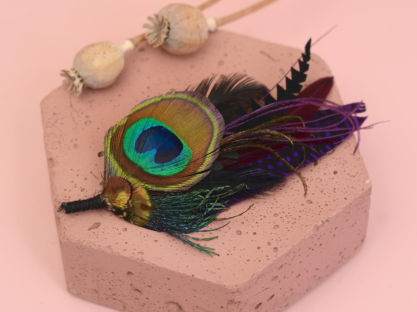 Purple and Peacock Feather Boutonniere No.325 | Feather Hat Pin