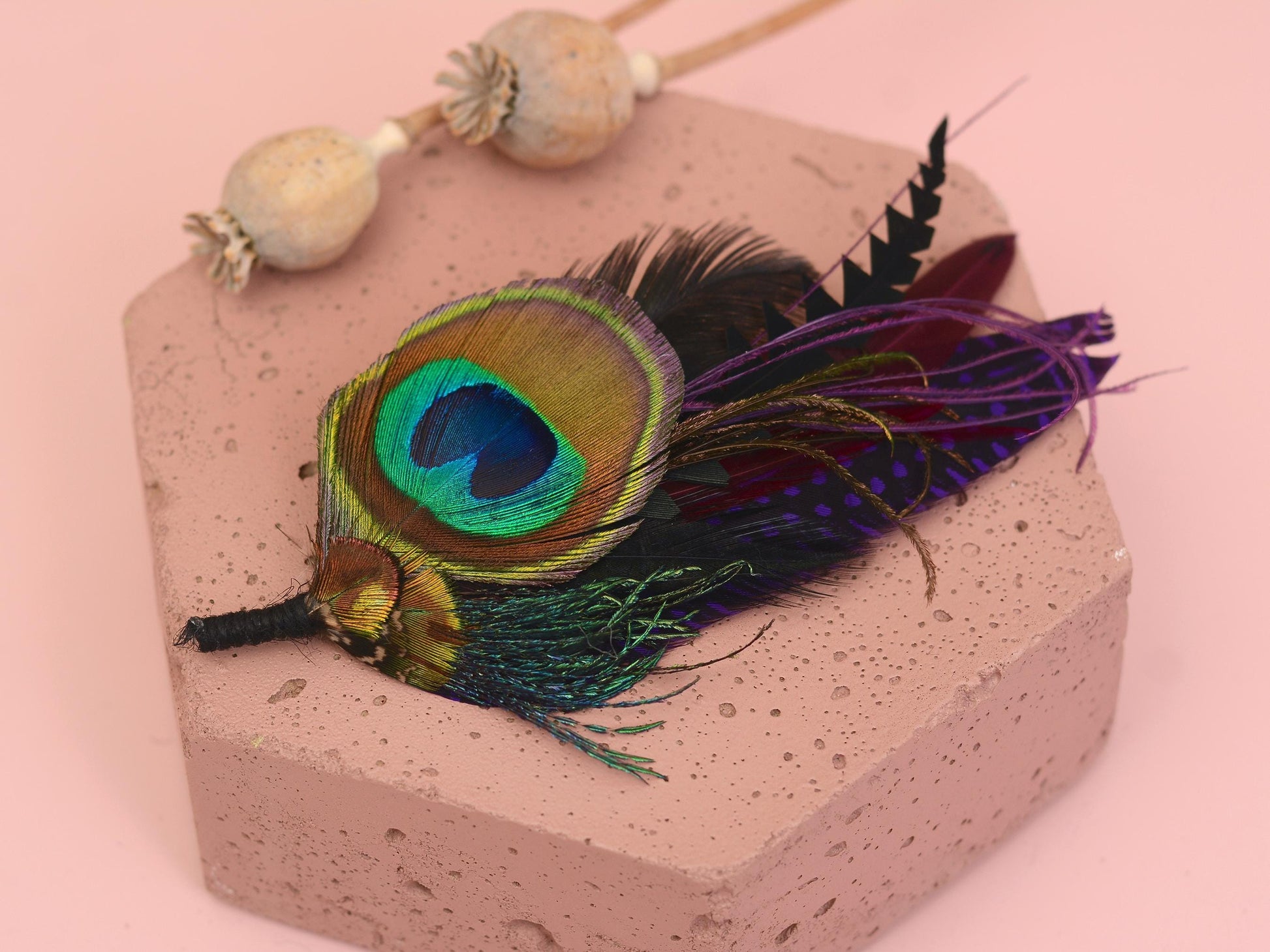 Purple and Peacock Feather Boutonniere No.325 | Feather Hat Pin