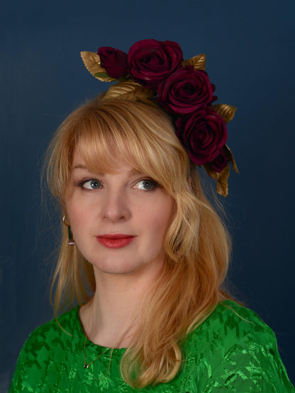 Plum Purple and Gold Floating Roses Headpiece | Flower Headband | Flower Fascinator | Bridal Headpiece | Wedding Headpiece | Races Headpiece