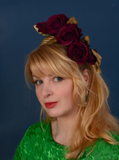 Plum Purple and Gold Floating Roses Headpiece | Flower Headband | Flower Fascinator | Bridal Headpiece | Wedding Headpiece | Races Headpiece