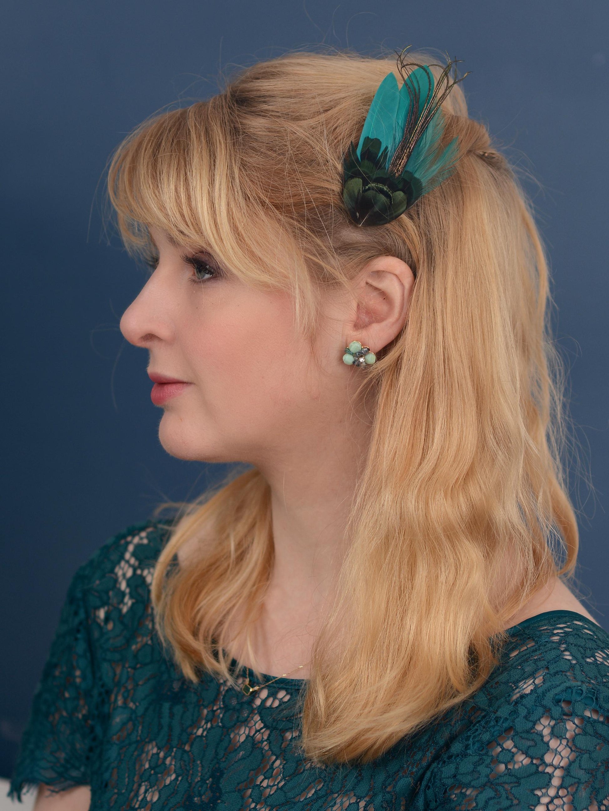 Teal and Peacock Feather Hair Clip, Feather Fascinator, Bridesmaid Hair Clip