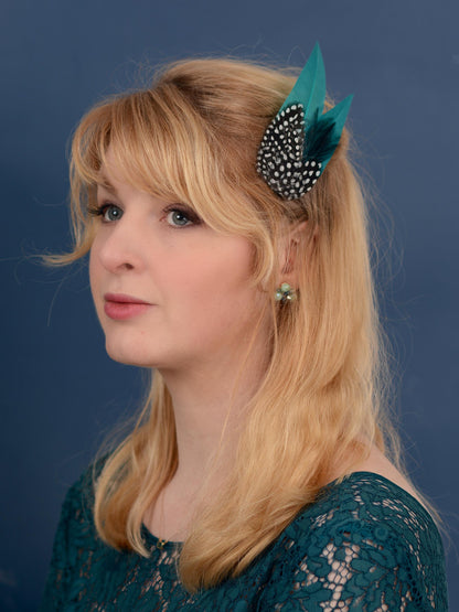 Teal Turquoise Feather Hair Clip with Spotted Feathers, Teal Feather Fascinator