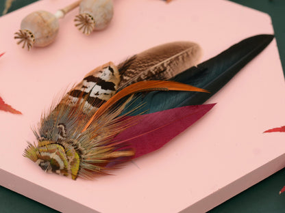 Pheasant Feather Hat Pin in Copper, Green and Crimson No.141 | Unique Pheasant Feather Boutonniere | Pheasant Feather Brooch