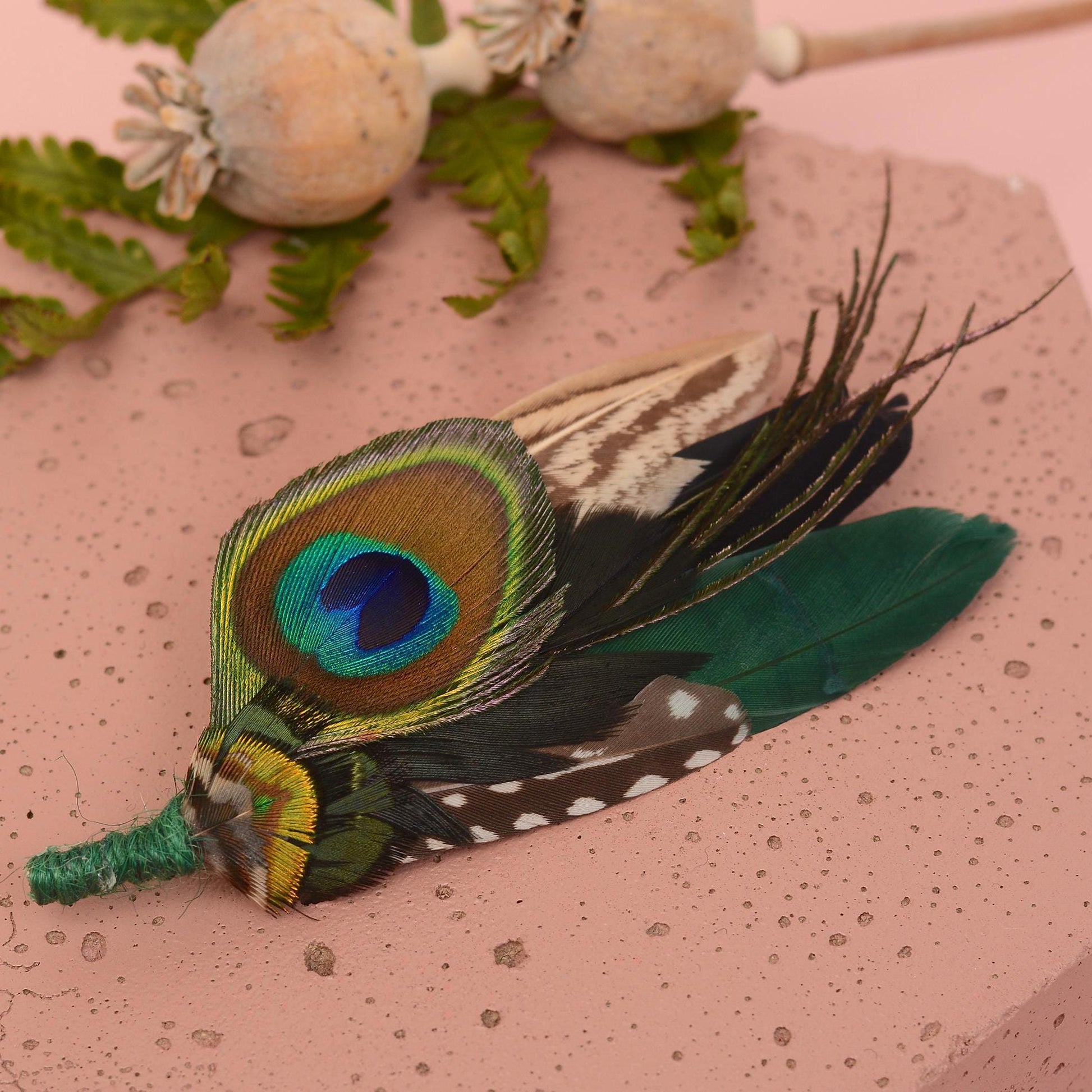 Peacock and Teal Feather Pin Small No.180 | Unique Peacock Feather Boutonniere | Pheasant Feather Brooch