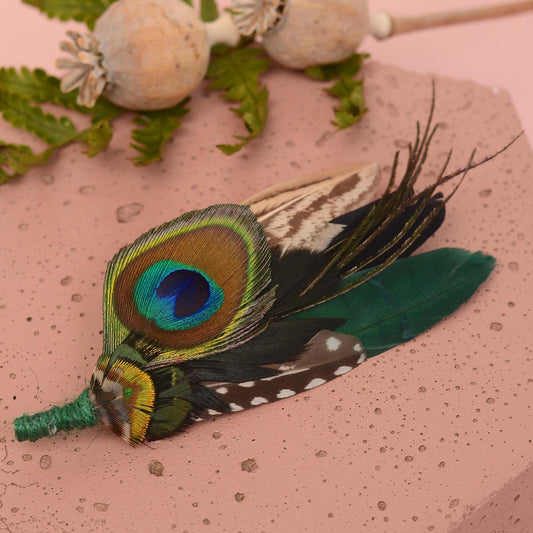 Peacock and Teal Feather Pin Small No.180 | Unique Peacock Feather Boutonniere | Pheasant Feather Brooch