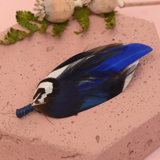 Pheasant and Duck Navy and Royal Blue Feather Lapel Pin Small No.222 | Unique Feather Boutonniere | Pheasant Feather Brooch