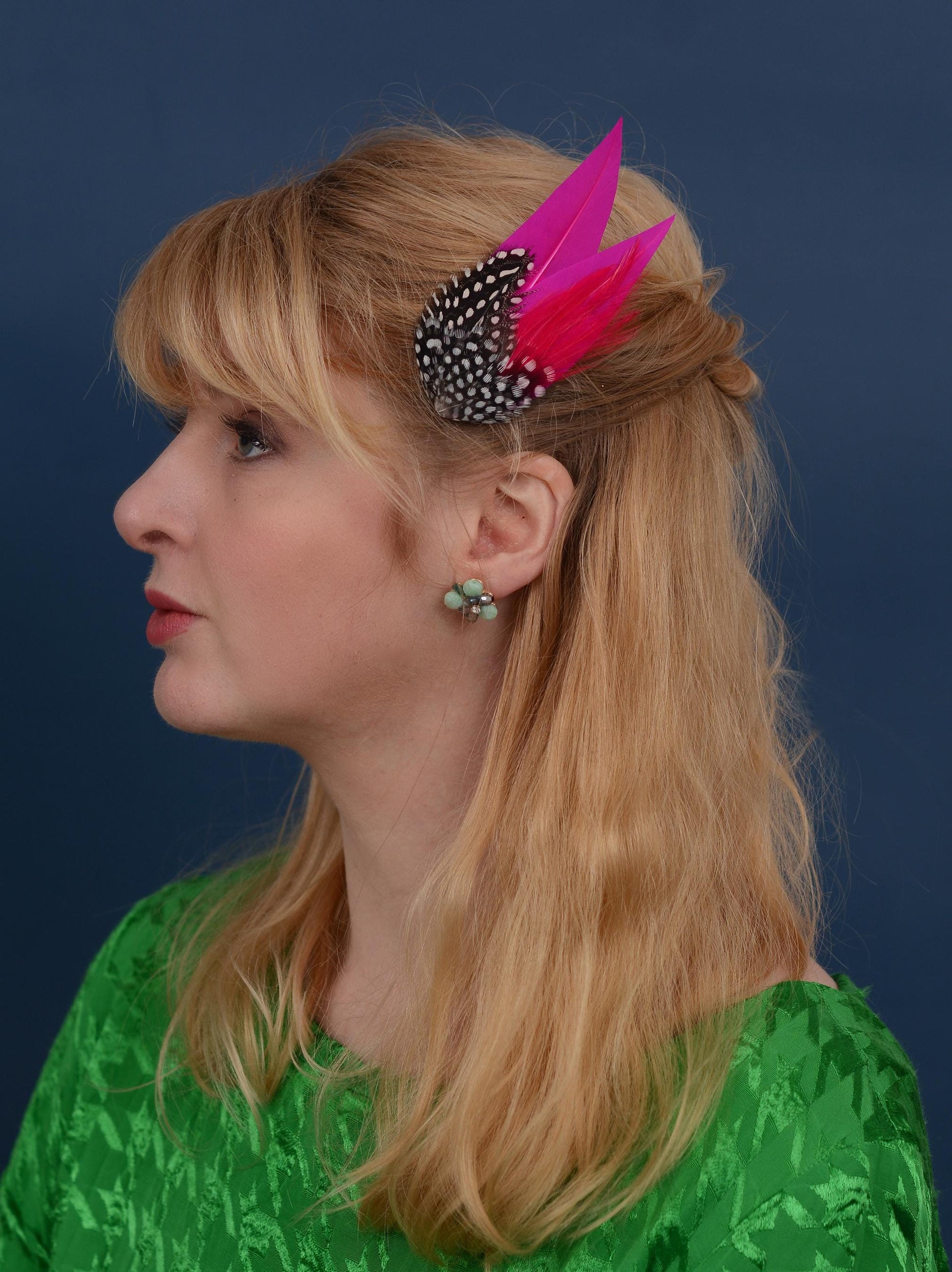 Hot Pink Feather Hair Clip with Polka Dots | Magenta Pink Feather Fascinator | Wedding Fascinator