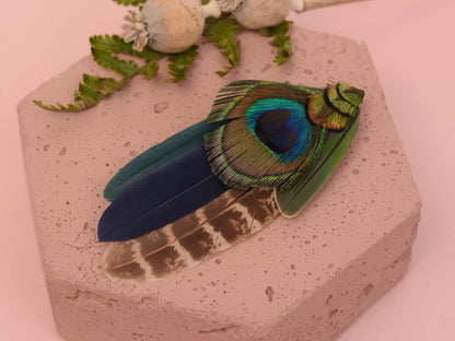 Green and Navy Peacock Feather Hat Pin / Lapel Pin No.158 | Unique Peacock Feather Boutonniere | Peacock Feather Brooch