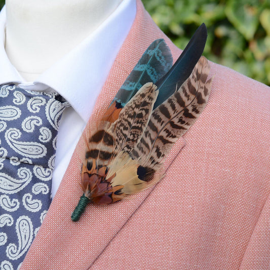 Large Green and Copper Pheasant Feather Boutonniere No.281 | Unique Pheasant Feather Hat Pin