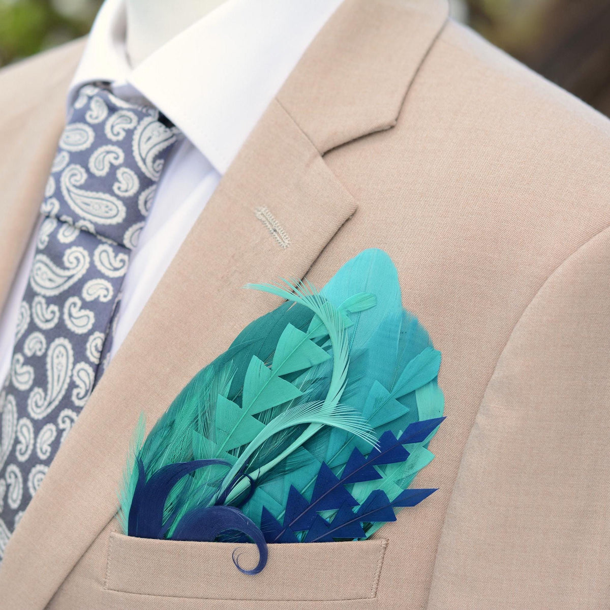 Turquoise, Green and Blue Feather Pocket Square No.247 Suit Accessory
