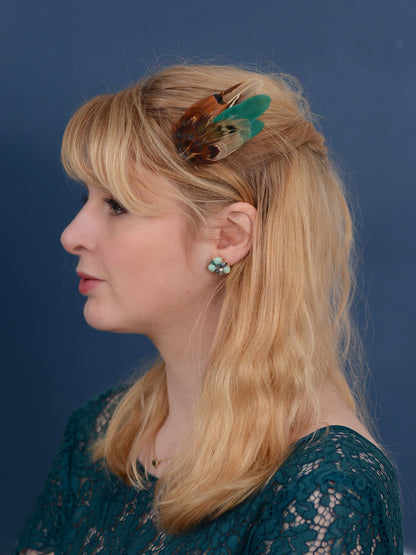 Small Green and Copper Pheasant Feather Hair Clip | Feather Fascinator | Bridal | Bridesmaid Hair Clip | Wedding Fascinator