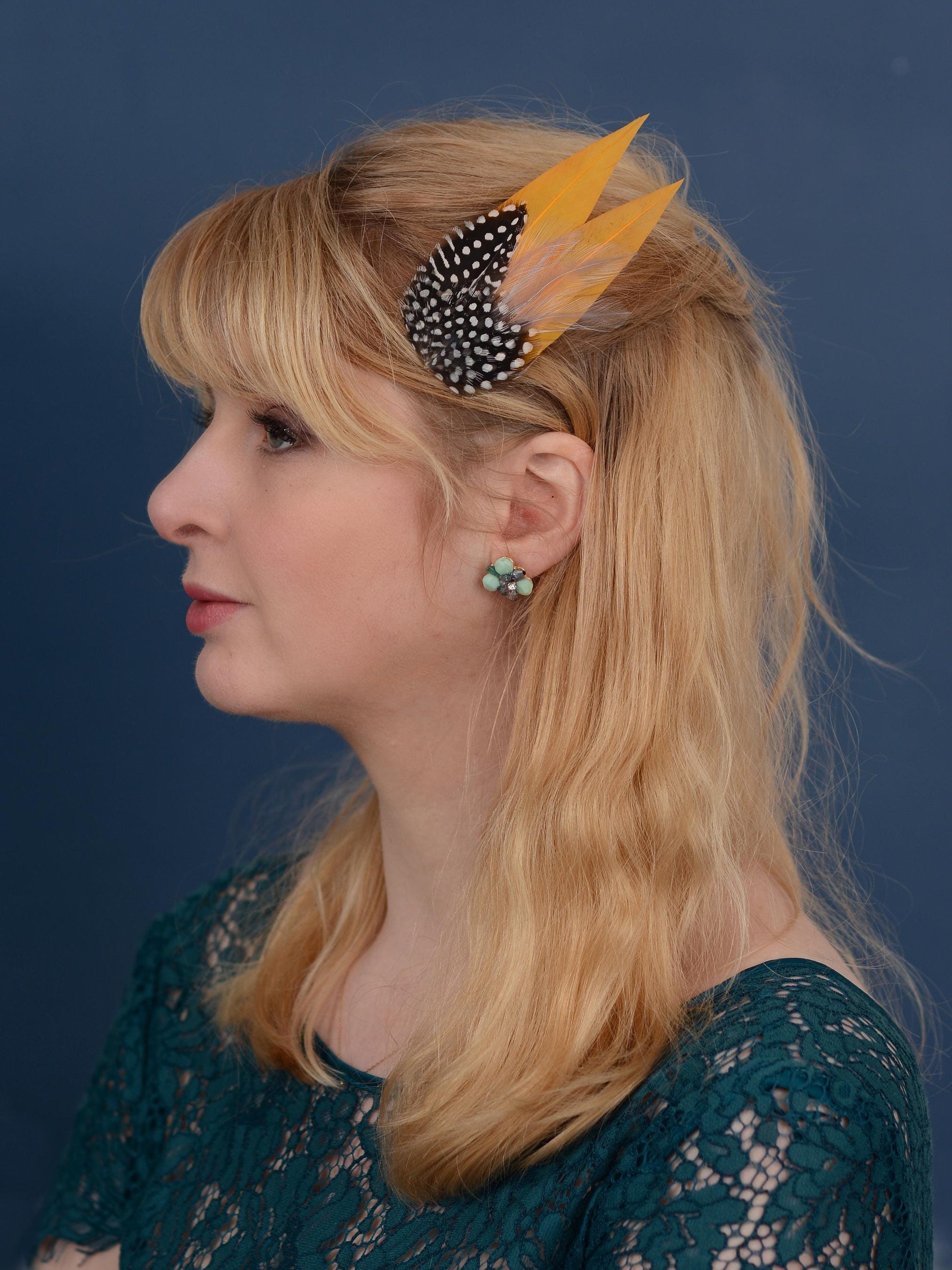 Mustard Yellow and Polka Dot Feather Hair Clip | Yellow Feather Fascinator | Gold Yellow Feather Headpiece | Wedding Fascinator