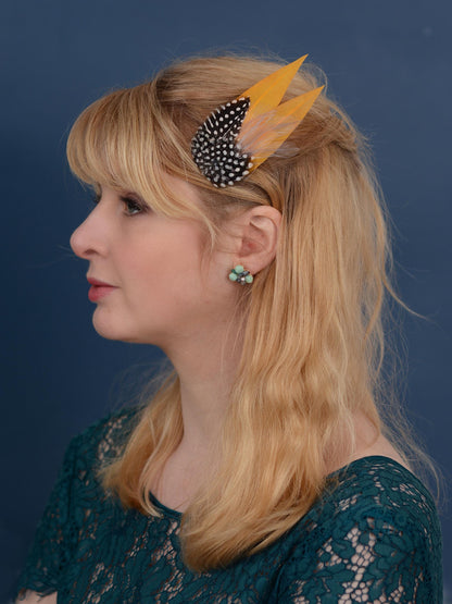 Mustard Yellow and Polka Dot Feather Hair Clip | Yellow Feather Fascinator | Gold Yellow Feather Headpiece | Wedding Fascinator