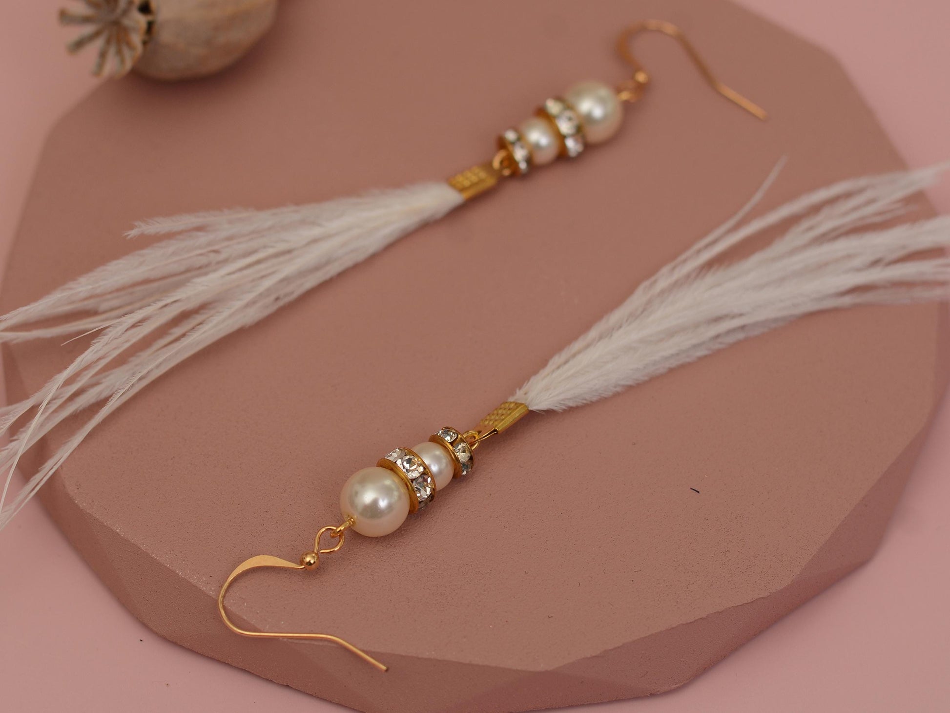 Long White Ostrich Feather Earrings with Pearl and Crystal Detail in Gold
