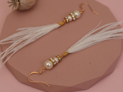 Long White Ostrich Feather Earrings with Pearl and Crystal Detail in Gold
