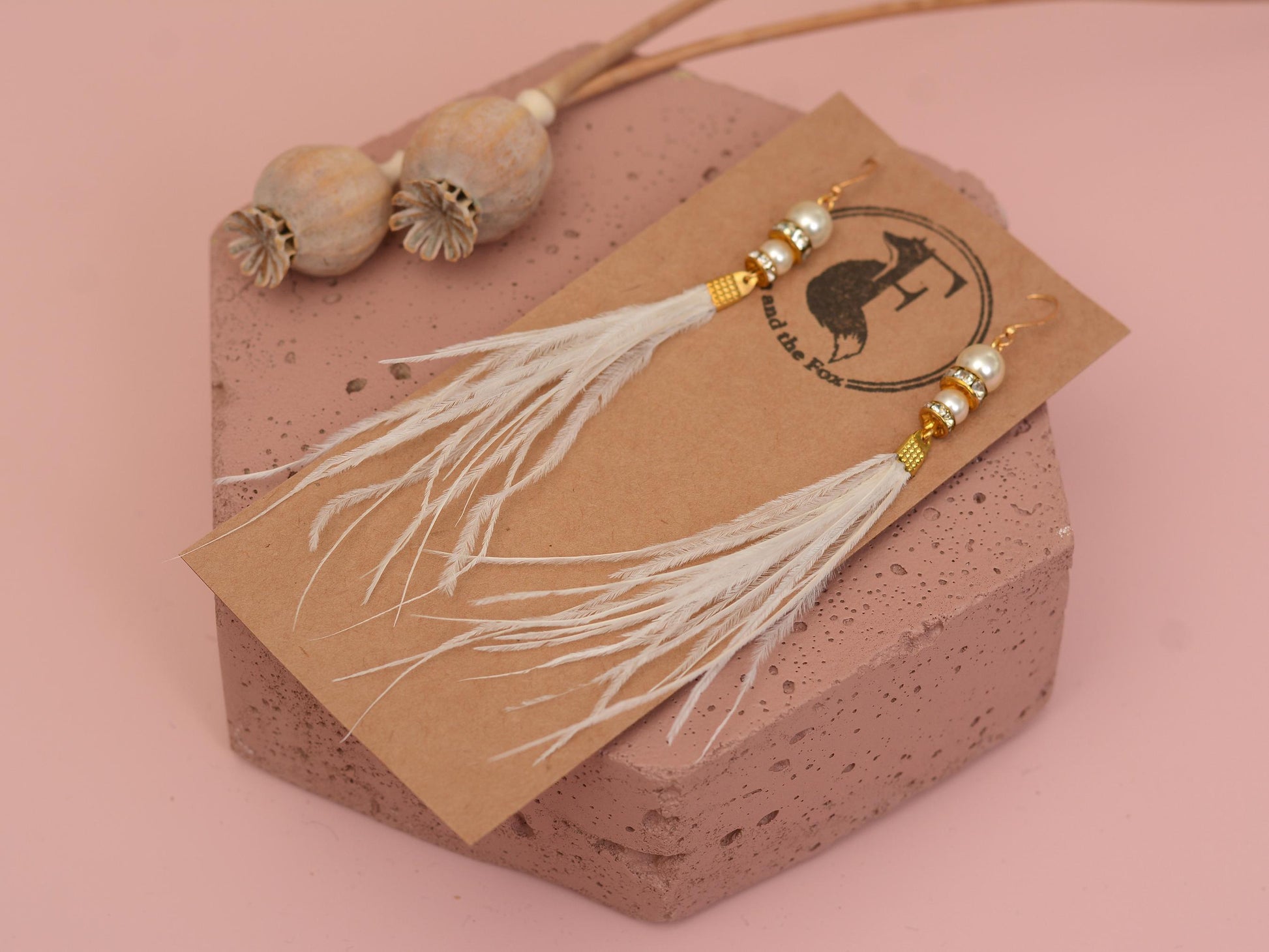 Long White Ostrich Feather Earrings with Pearl and Crystal Detail in Gold