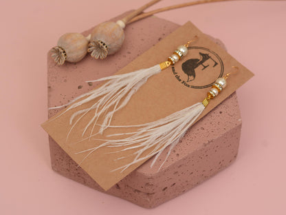 Long White Ostrich Feather Earrings with Pearl and Crystal Detail in Gold