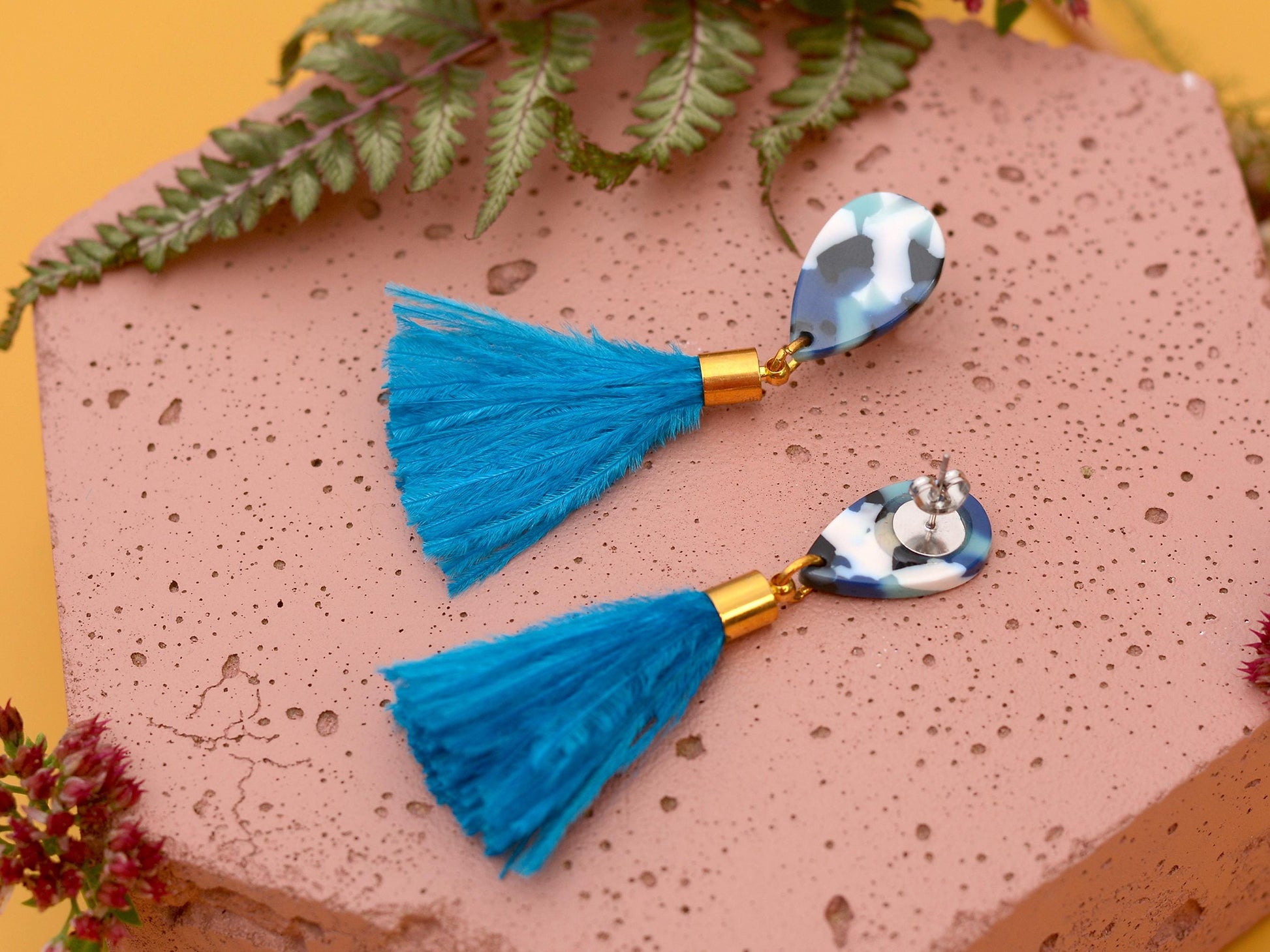 Sky Blue Teardrop Ostrich Feather Tassel Earrings