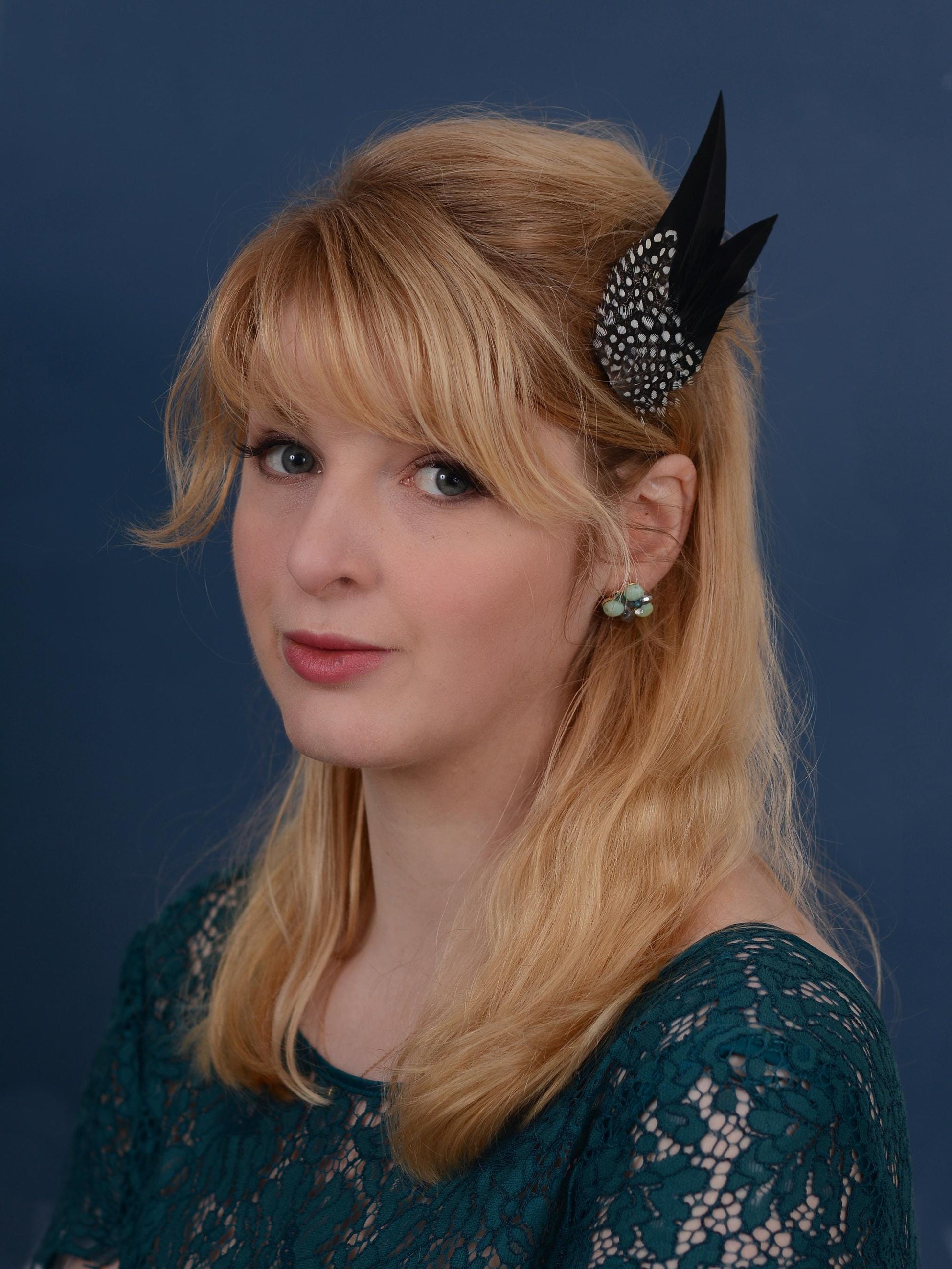Black Monochrome Feather Hair Clip with Polka Dots | Black Feather Fascinator | Black Feather Headpiece | Wedding Fascinator