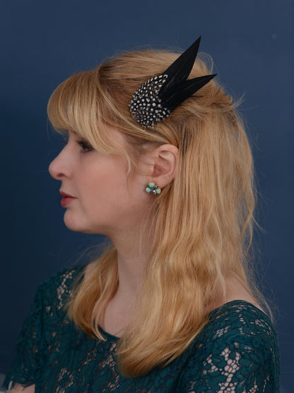 Black Monochrome Feather Hair Clip with Polka Dots | Black Feather Fascinator | Black Feather Headpiece | Wedding Fascinator