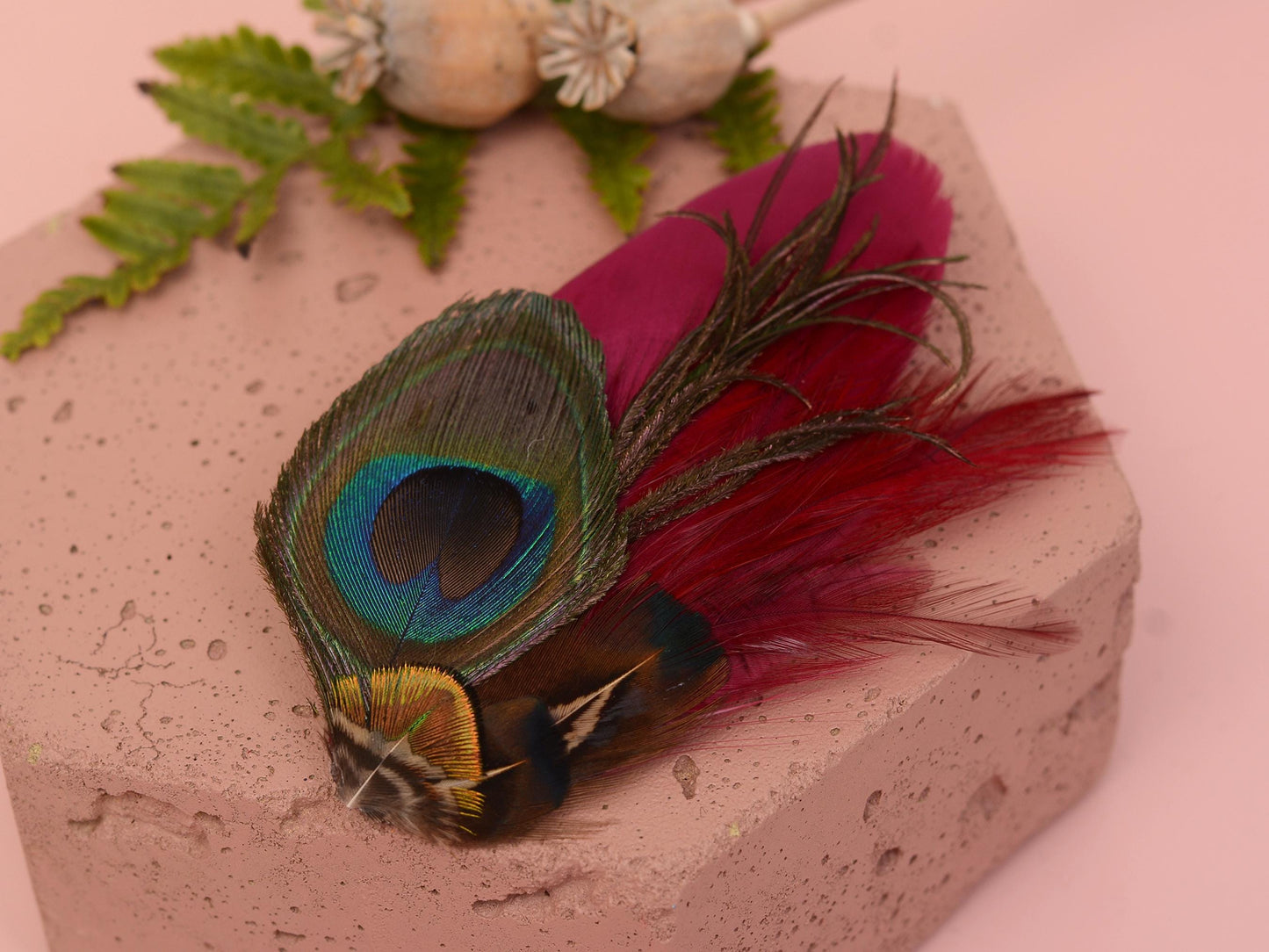 Burgundy and Peacock Feather Hair Clip | Peacock Feather Fascinator | Peacock Feather Headpiece | Bridal Hair Clip | Bridesmaid Hair Clip