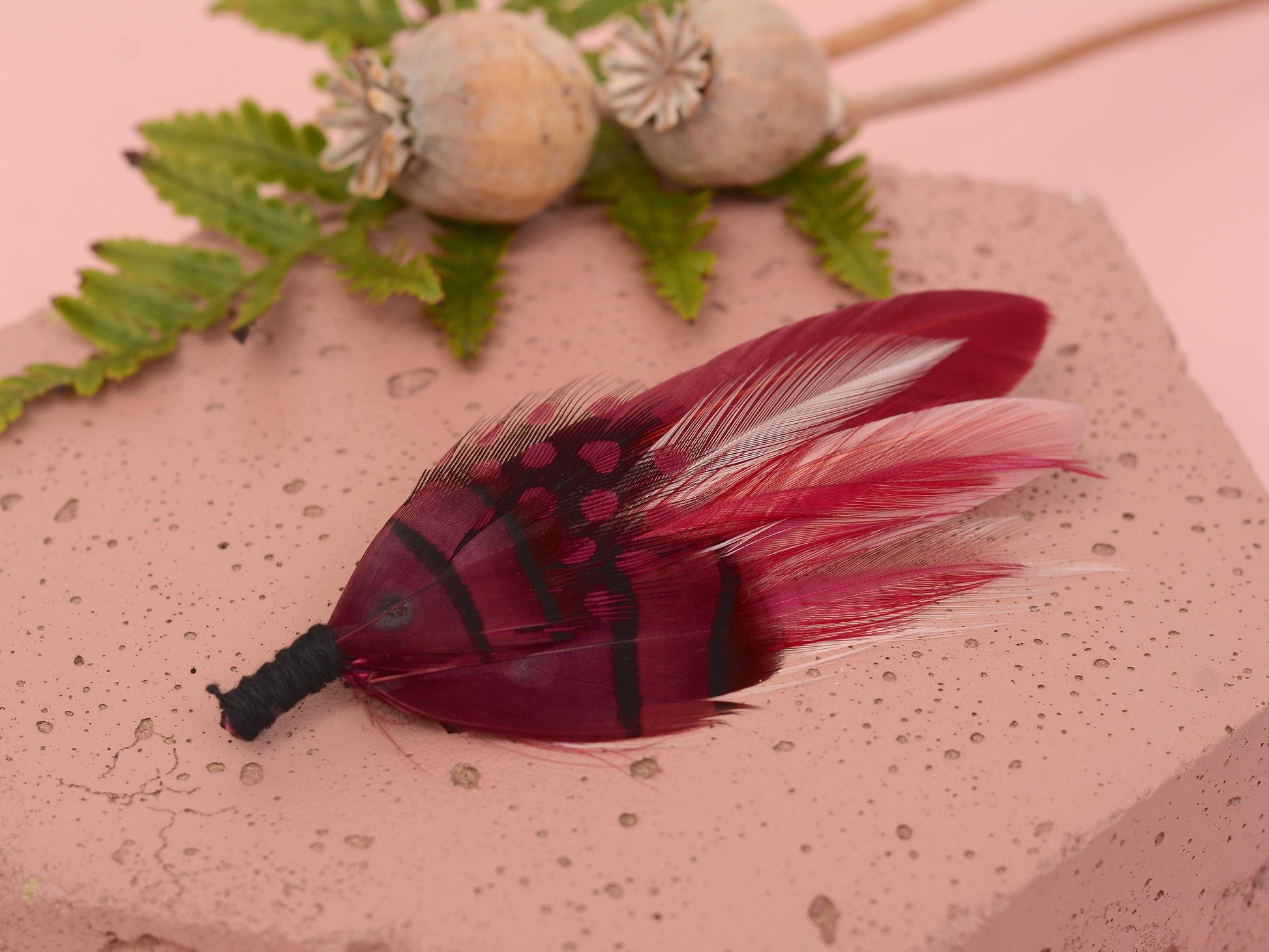 Berry Burgundy and Blush Pink Boutonniere No.123 | Burgundy Feather Hat Pin | Feather Brooch | Feather Lapel Pin