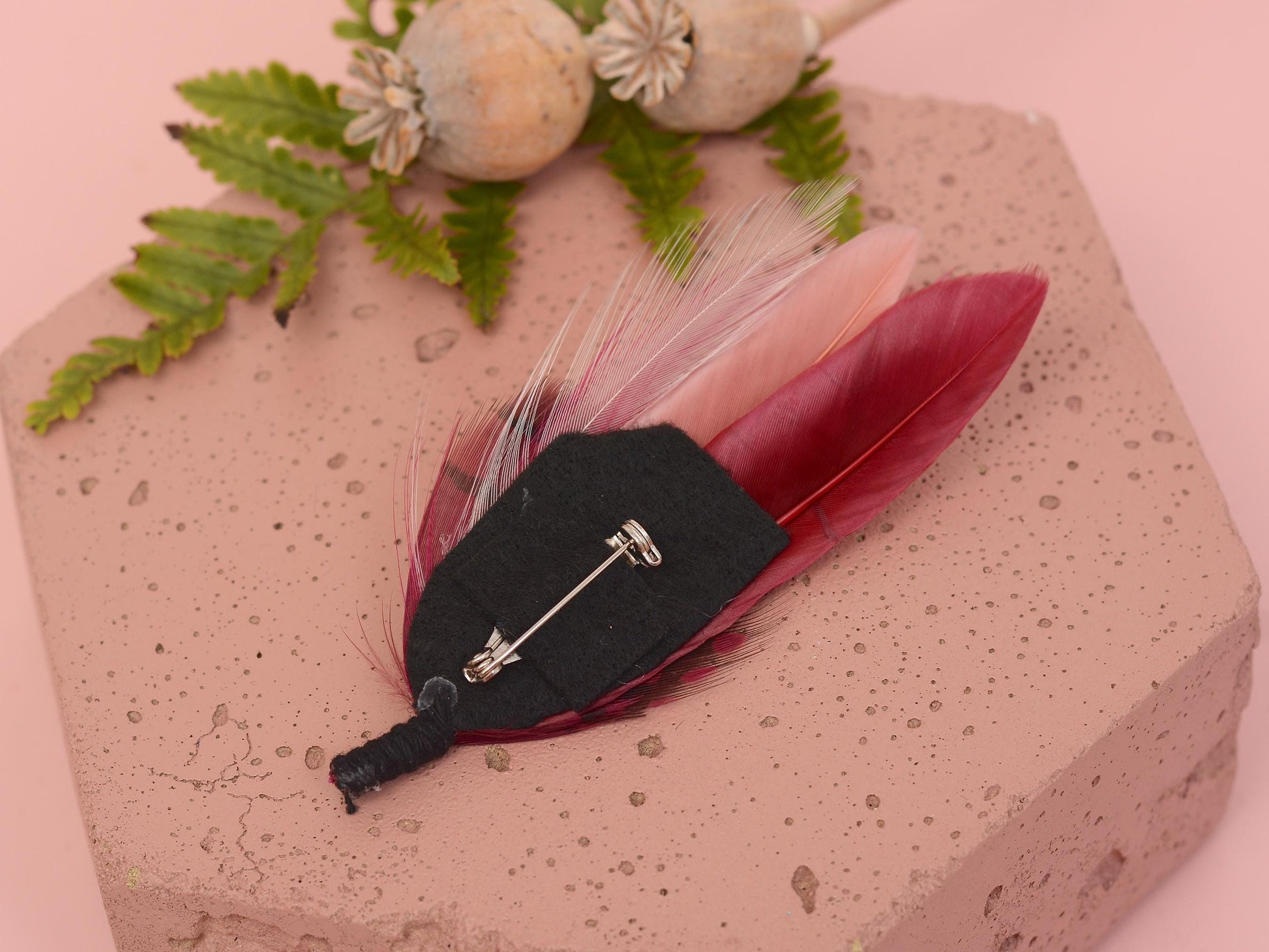 Berry Burgundy and Blush Pink Boutonniere No.123 | Burgundy Feather Hat Pin | Feather Brooch | Feather Lapel Pin