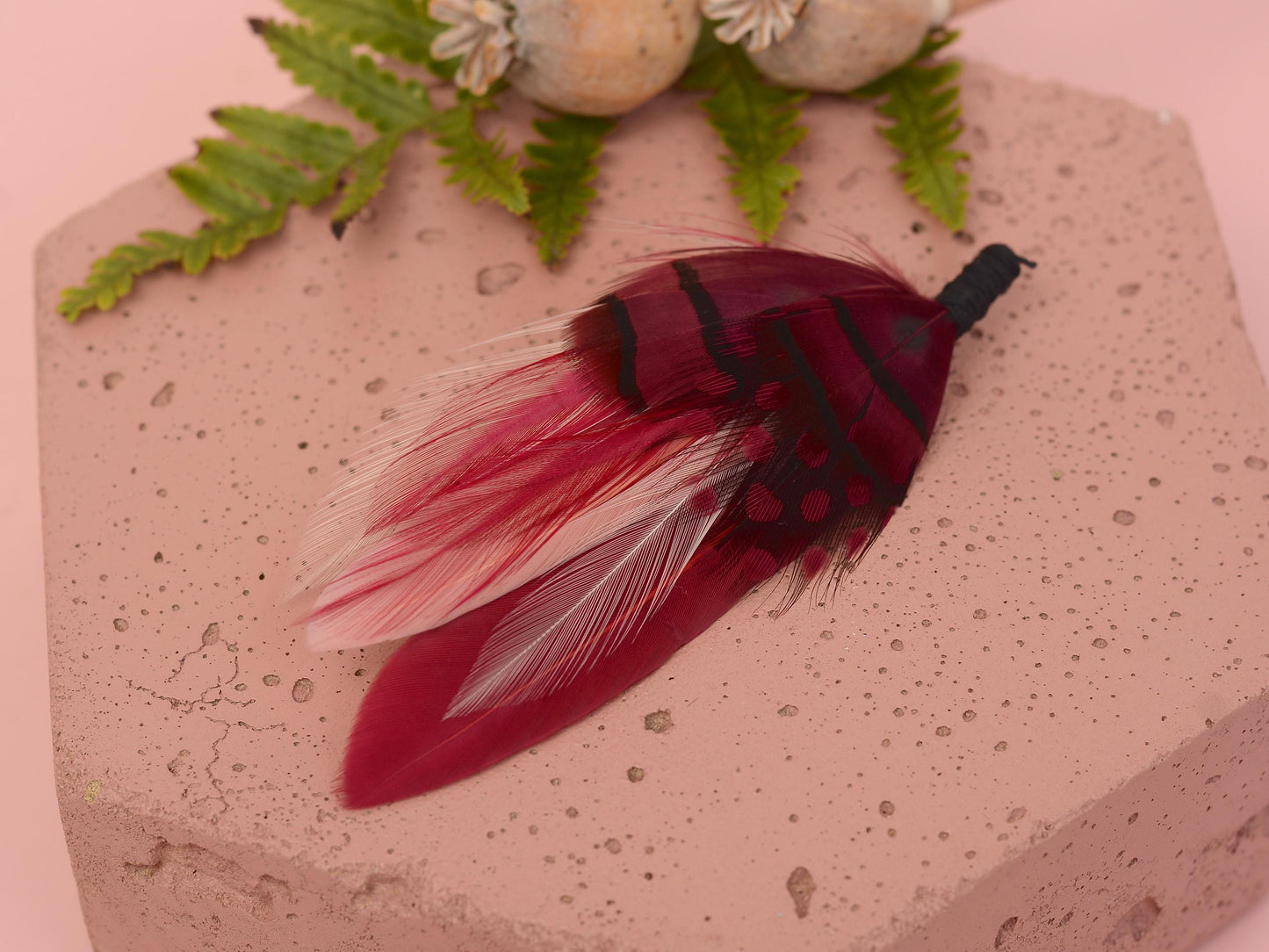 Berry Burgundy and Blush Pink Boutonniere No.123 | Burgundy Feather Hat Pin | Feather Brooch | Feather Lapel Pin