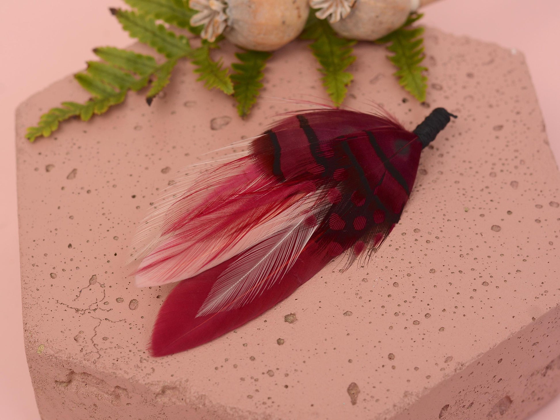 Berry Burgundy and Blush Pink Boutonniere No.123 | Burgundy Feather Hat Pin | Feather Brooch | Feather Lapel Pin