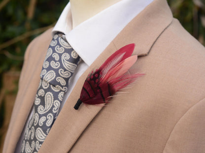 Berry Burgundy and Blush Pink Boutonniere No.123 | Burgundy Feather Hat Pin | Feather Brooch | Feather Lapel Pin
